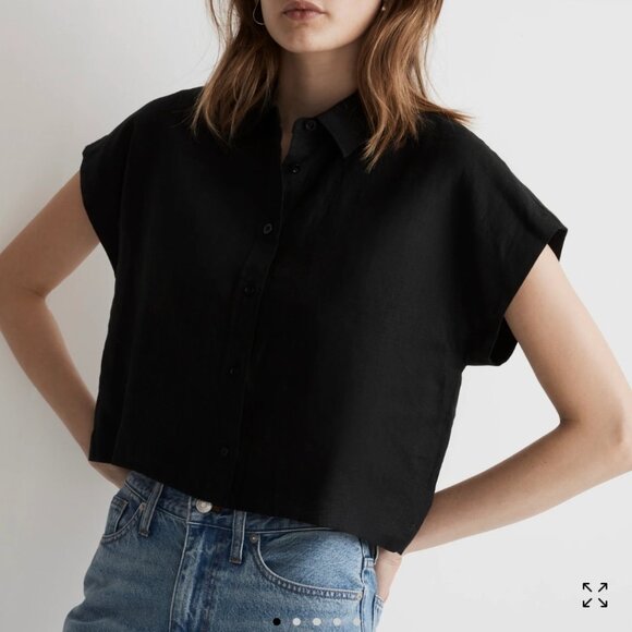 Madewell 100% Linen Dolman Shirt Cropped Collared Button Up Minimal Chic Size M - Picture 1 of 12